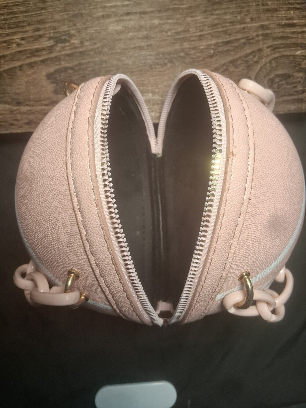 Small Pink Synthetic Leather Handbag Gold Hardware Round Shape